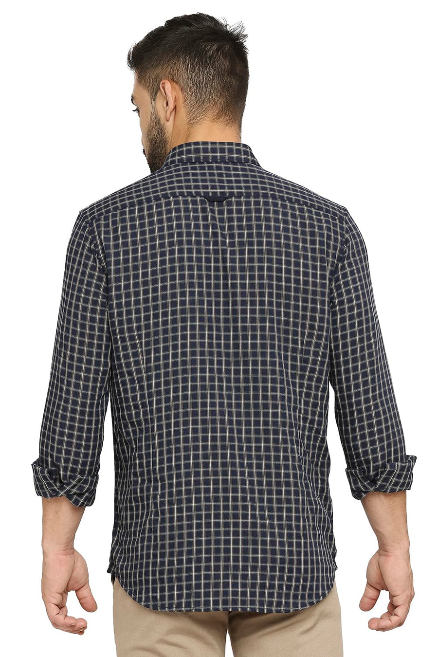 BASICS SLIM FIT COBALT NAVY POLYESTER VISCOSE TWILL CHECKS SHIRT