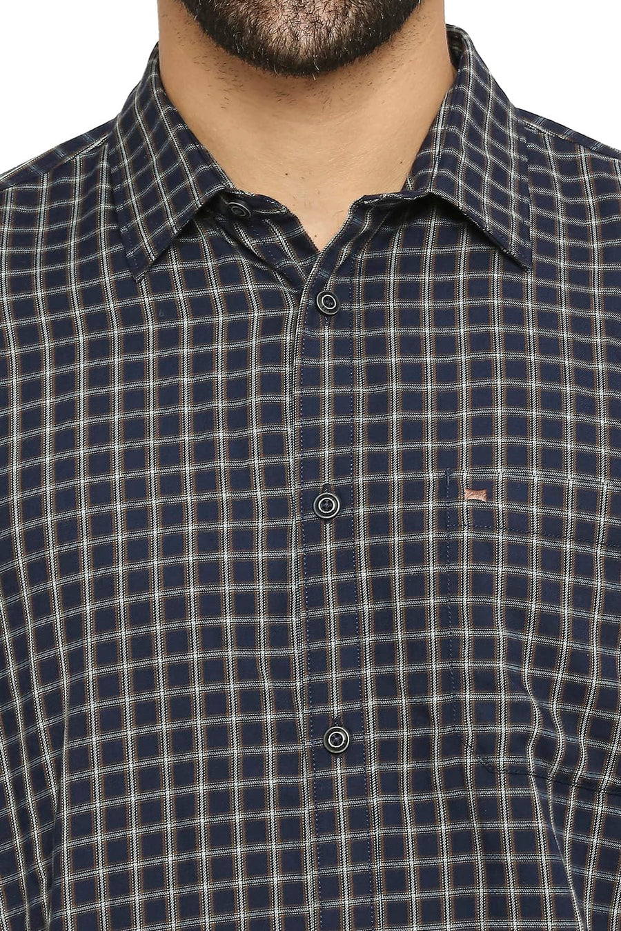 BASICS SLIM FIT COBALT NAVY POLYESTER VISCOSE TWILL CHECKS SHIRT