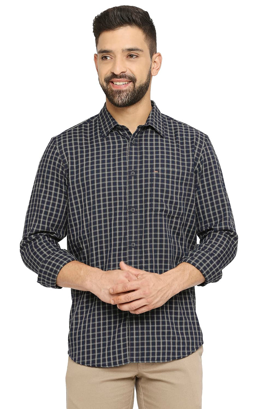BASICS SLIM FIT COBALT NAVY POLYESTER VISCOSE TWILL CHECKS SHIRT