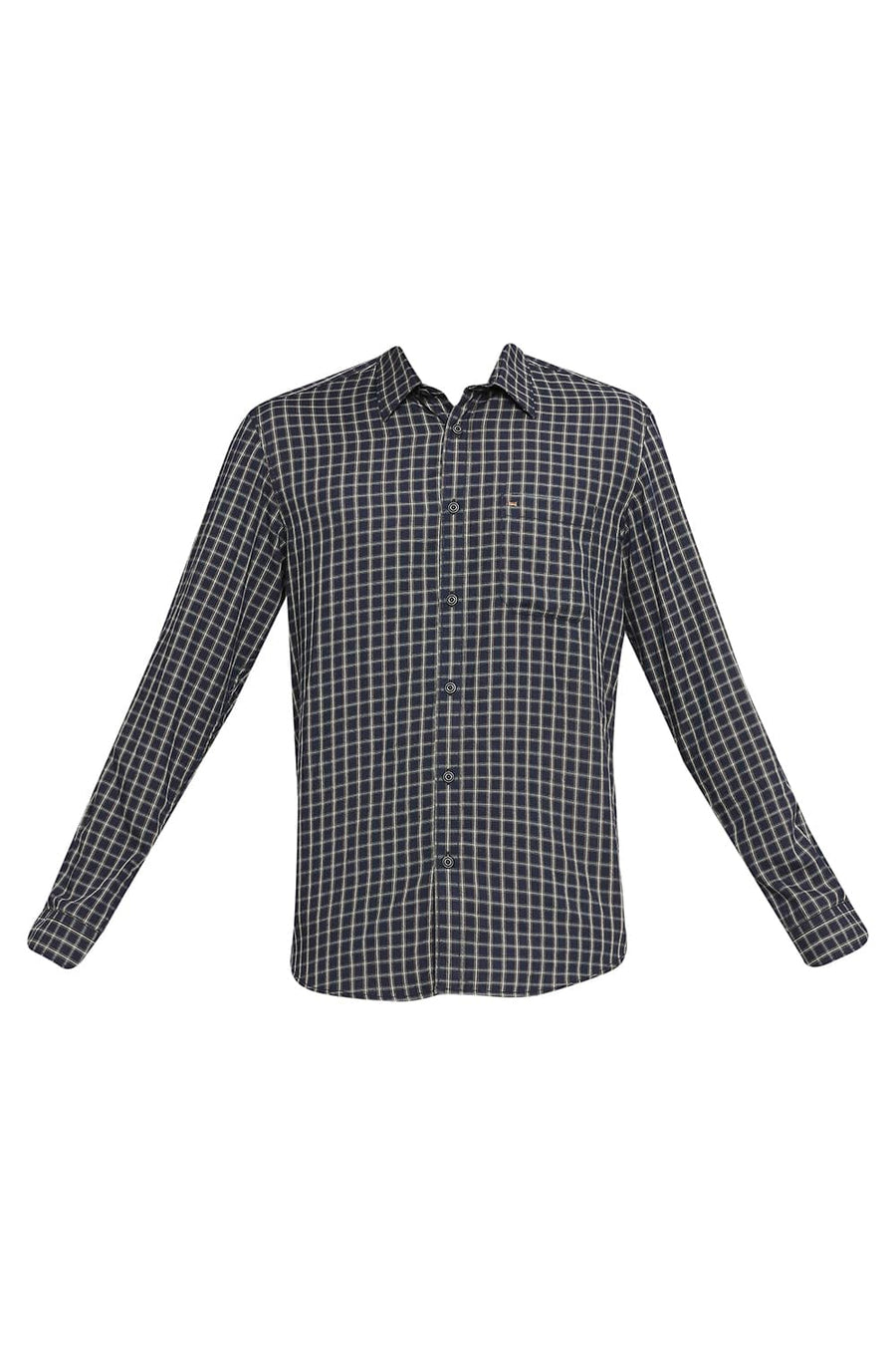 BASICS SLIM FIT COBALT NAVY POLYESTER VISCOSE TWILL CHECKS SHIRT