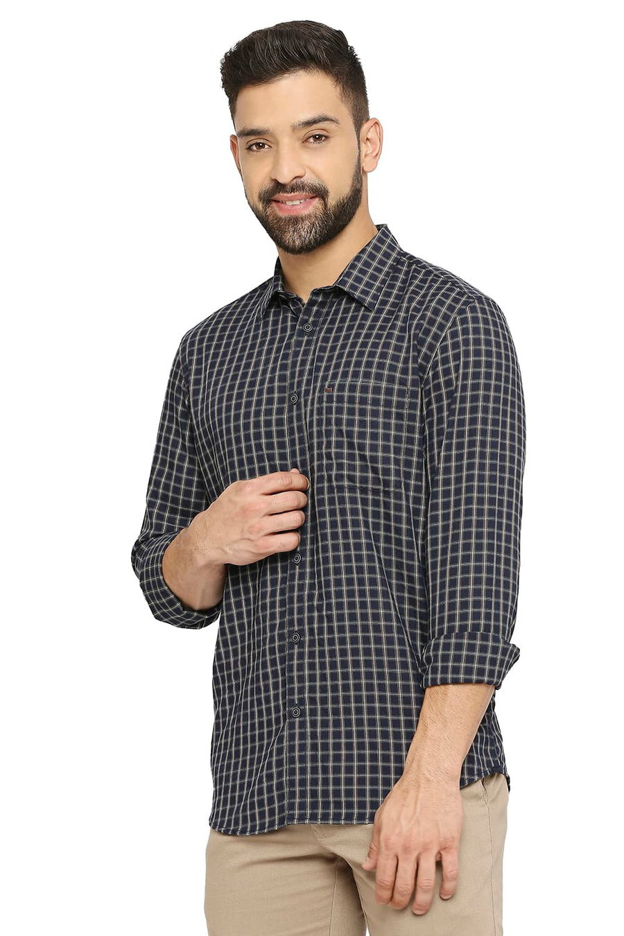 BASICS SLIM FIT COBALT NAVY POLYESTER VISCOSE TWILL CHECKS SHIRT
