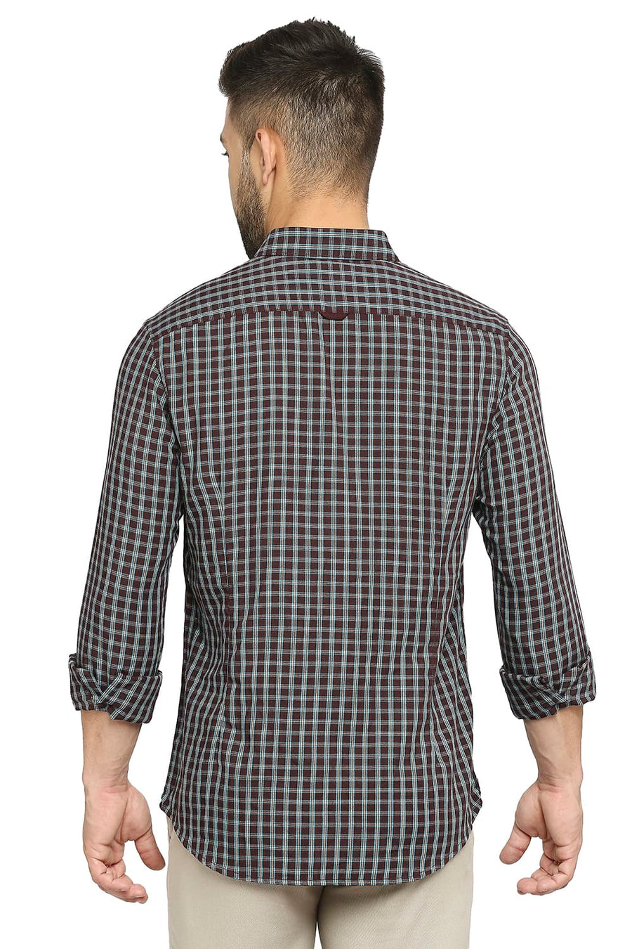 BASICS SLIM FIT RUBY WINE POLYESTER VISCOSE TWILL CHECKS SHIRT