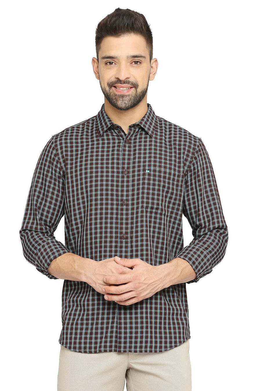 BASICS SLIM FIT RUBY WINE POLYESTER VISCOSE TWILL CHECKS SHIRT