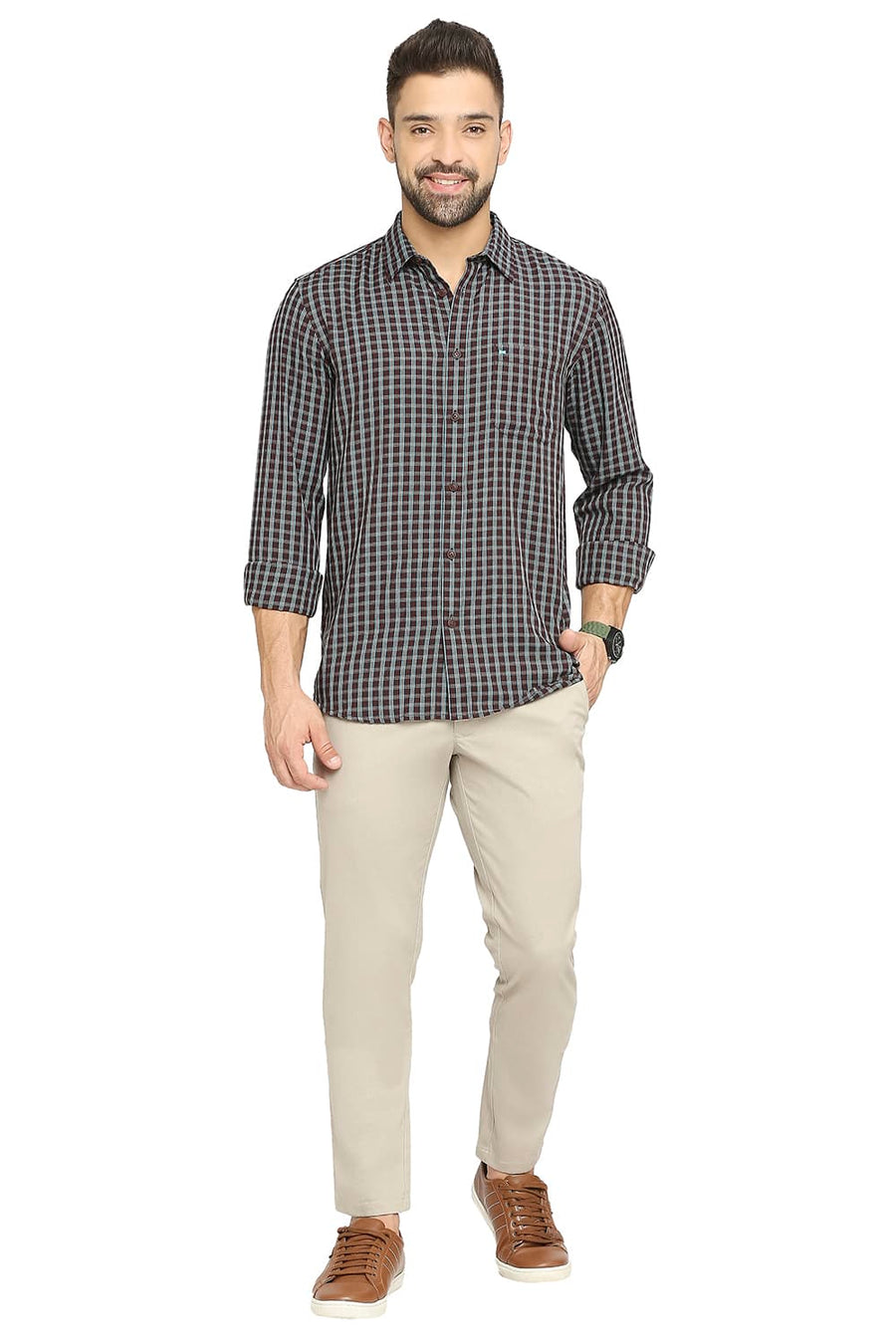 BASICS SLIM FIT RUBY WINE POLYESTER VISCOSE TWILL CHECKS SHIRT