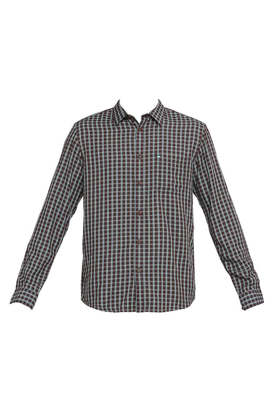 BASICS SLIM FIT RUBY WINE POLYESTER VISCOSE TWILL CHECKS SHIRT
