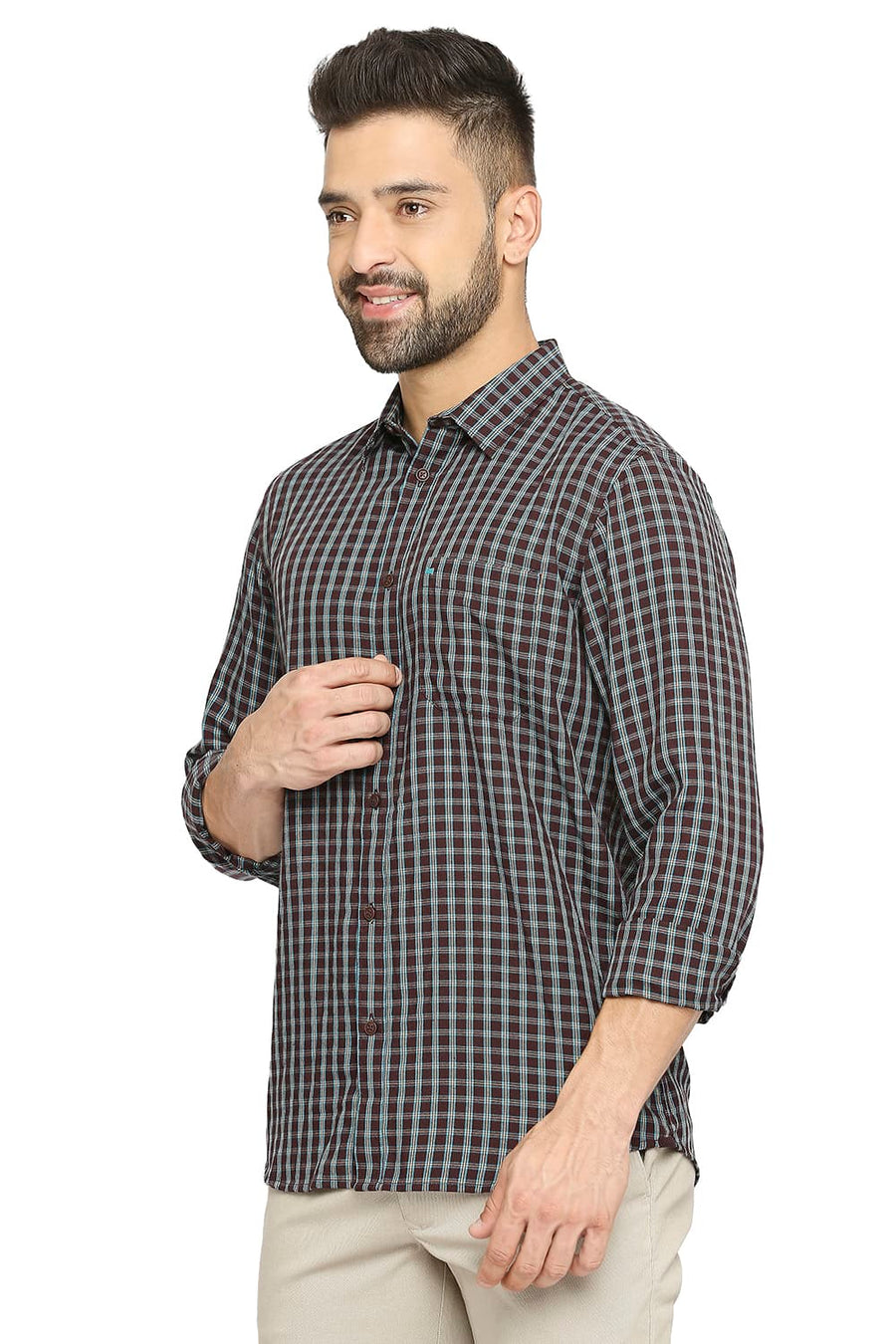 BASICS SLIM FIT RUBY WINE POLYESTER VISCOSE TWILL CHECKS SHIRT