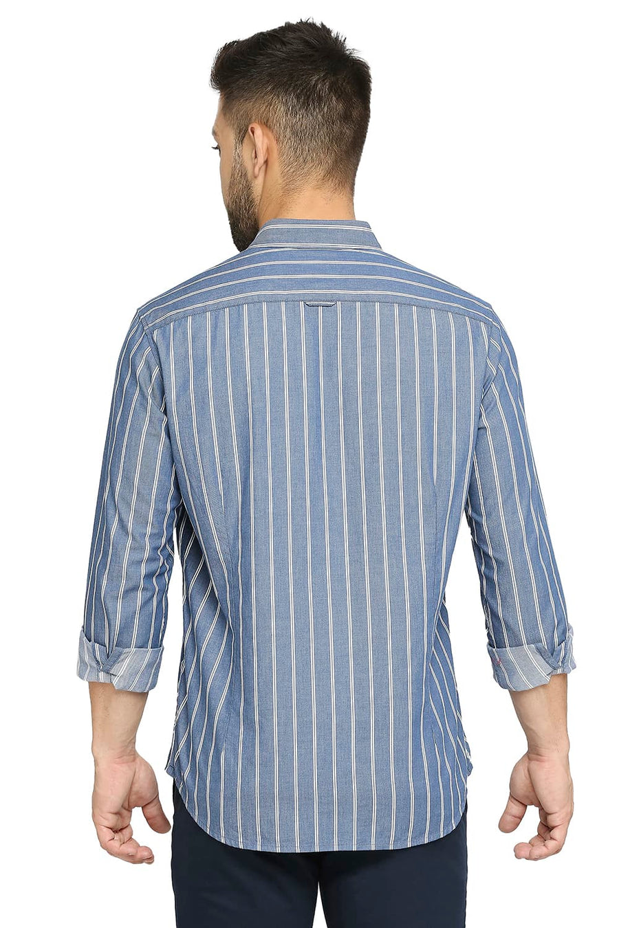 BASICS SLIM FIT INFINITY BLUE COTTON CAVALRY TWILL STRIPE SHIRT