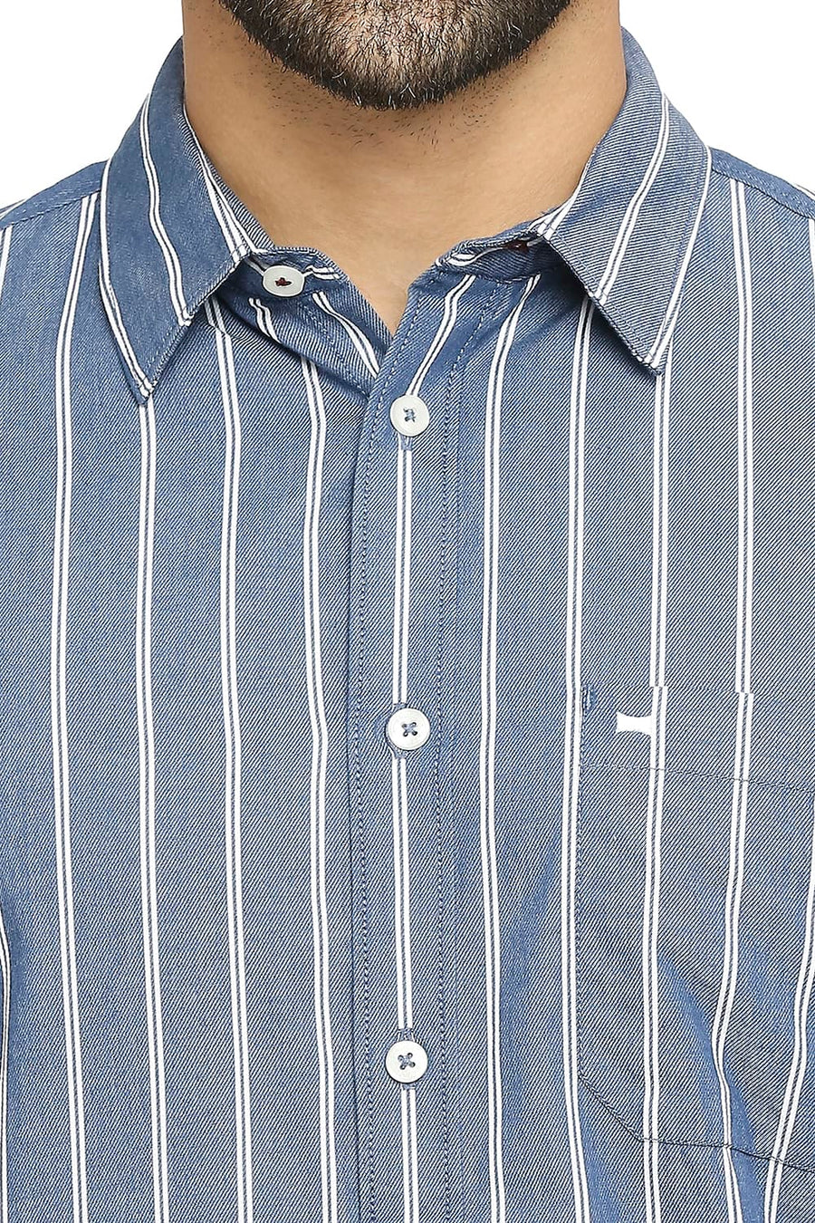 BASICS SLIM FIT INFINITY BLUE COTTON CAVALRY TWILL STRIPE SHIRT