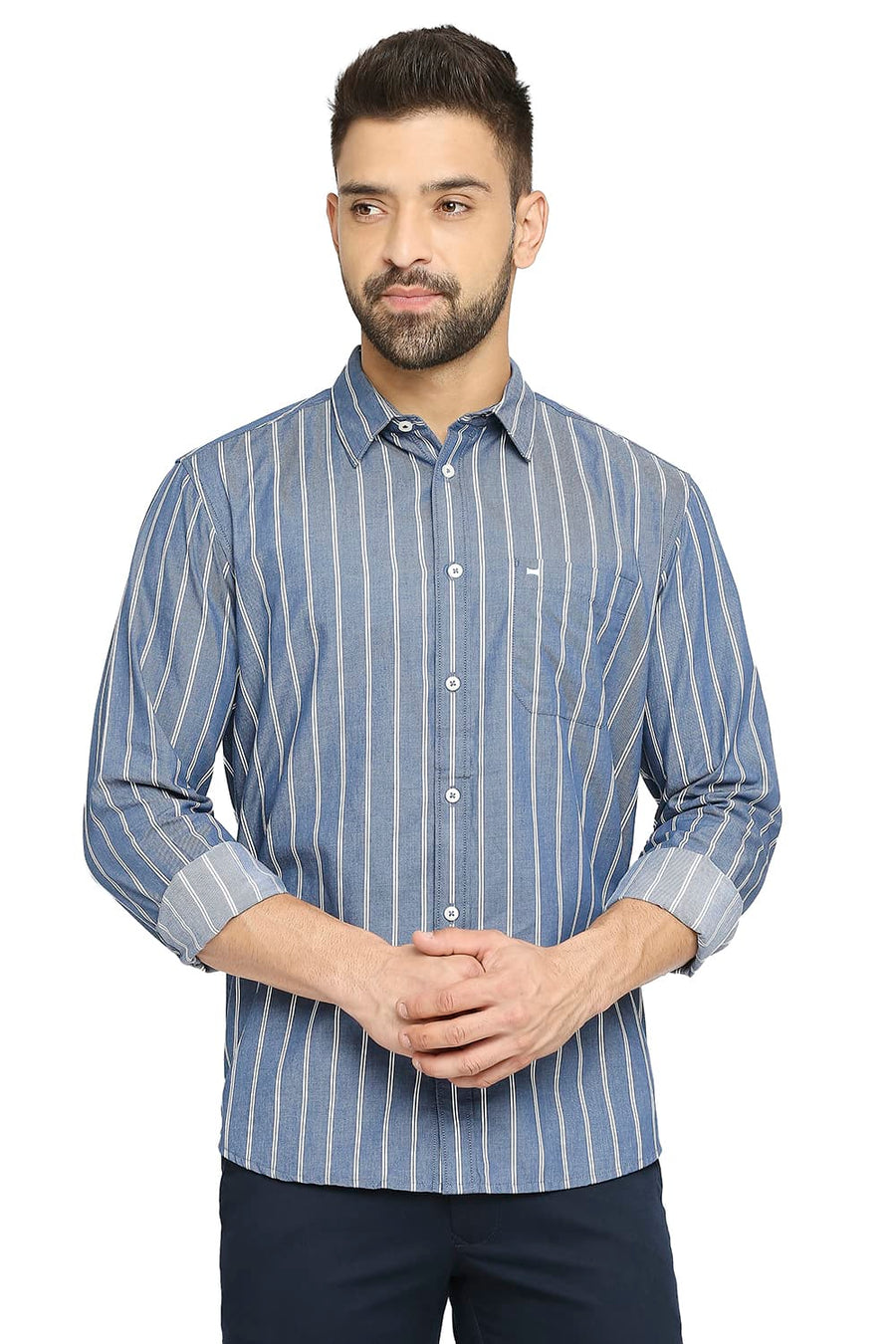 BASICS SLIM FIT INFINITY BLUE COTTON CAVALRY TWILL STRIPE SHIRT