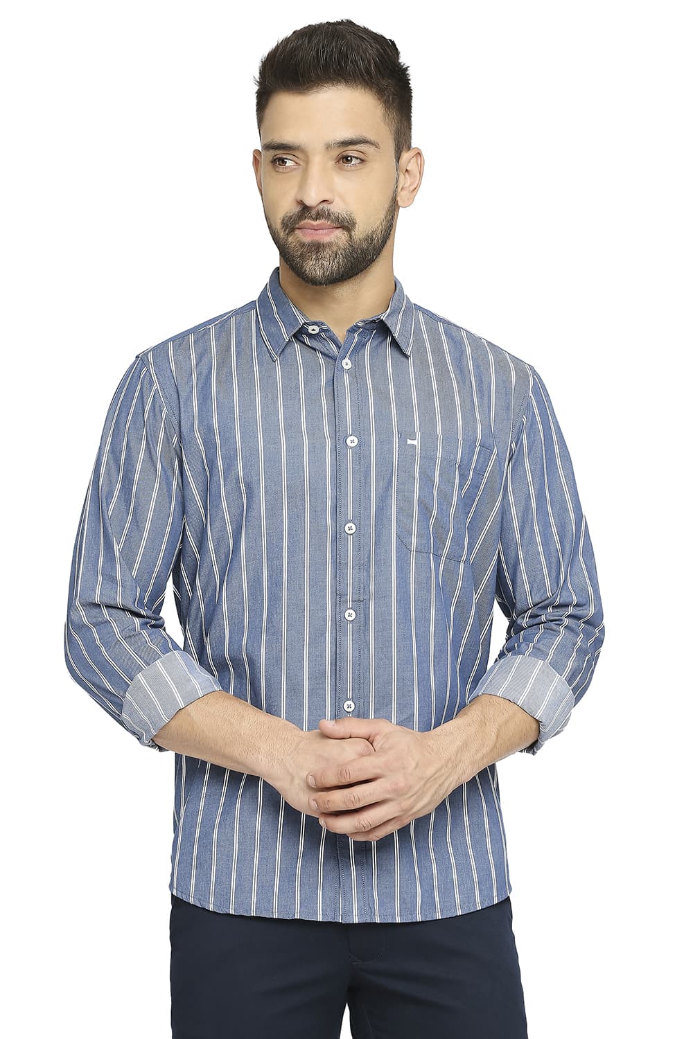 BASICS SLIM FIT COTTON CAVALRY TWILL STRIPE SHIRT