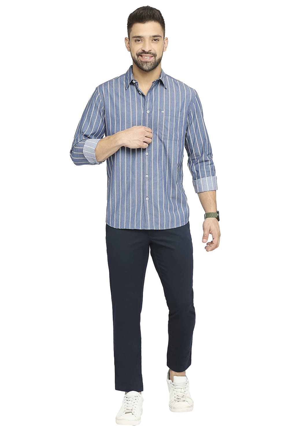 BASICS SLIM FIT COTTON CAVALRY TWILL STRIPE SHIRT