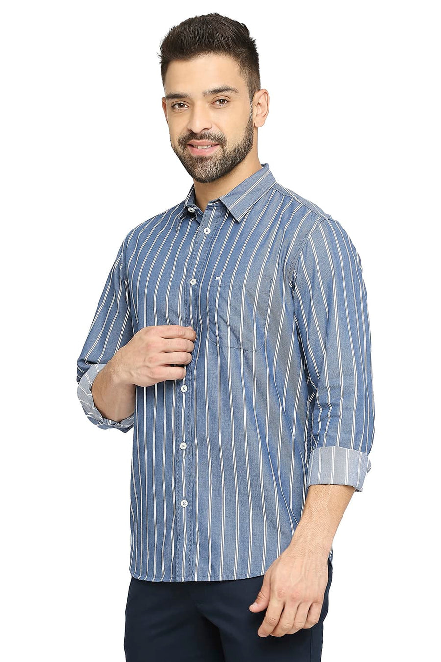 BASICS SLIM FIT INFINITY BLUE COTTON CAVALRY TWILL STRIPE SHIRT