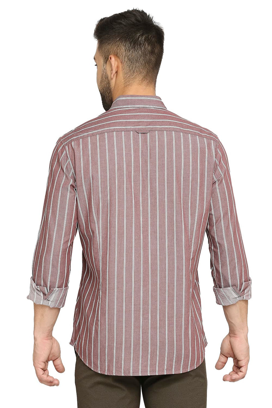 BASICS SLIM FIT AZTEC BROWN COTTON CAVALRY TWILL STRIPE SHIRT