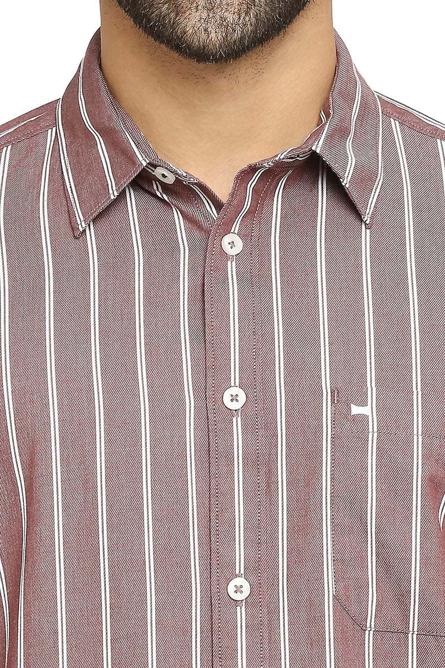 BASICS SLIM FIT AZTEC BROWN COTTON CAVALRY TWILL STRIPE SHIRT