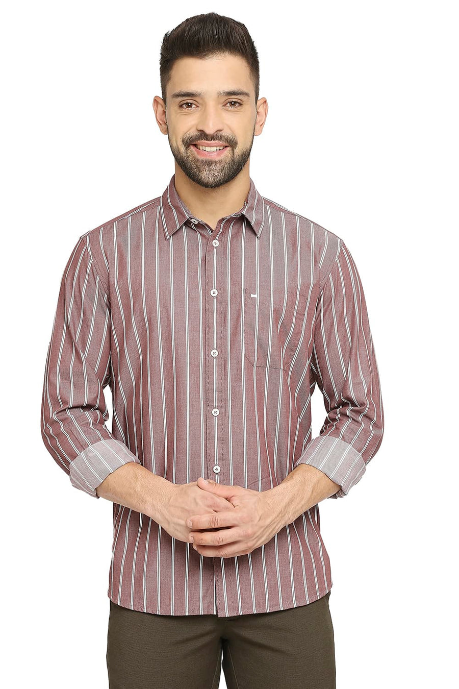 BASICS SLIM FIT AZTEC BROWN COTTON CAVALRY TWILL STRIPE SHIRT