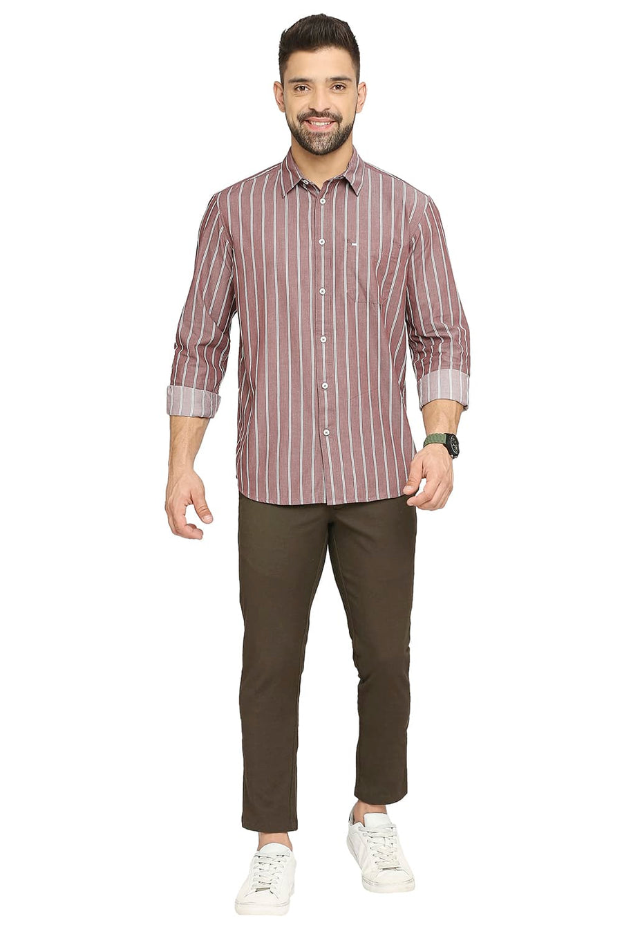 BASICS SLIM FIT AZTEC BROWN COTTON CAVALRY TWILL STRIPE SHIRT
