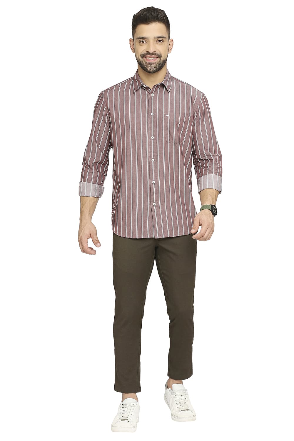 BASICS SLIM FIT COTTON CAVALRY TWILL STRIPE SHIRT