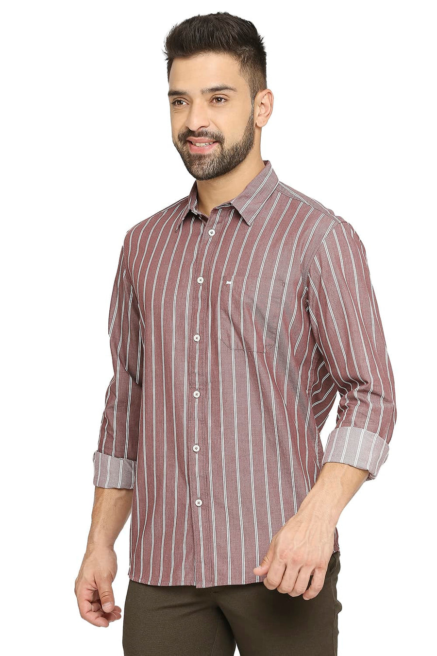 BASICS SLIM FIT AZTEC BROWN COTTON CAVALRY TWILL STRIPE SHIRT