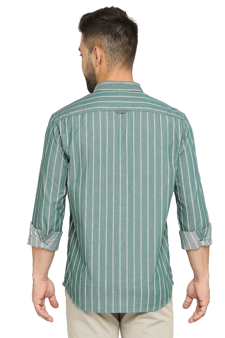 BASICS SLIM FIT SILVER PINE GREEN COTTON CAVALRY TWILL STRIPE SHIRT