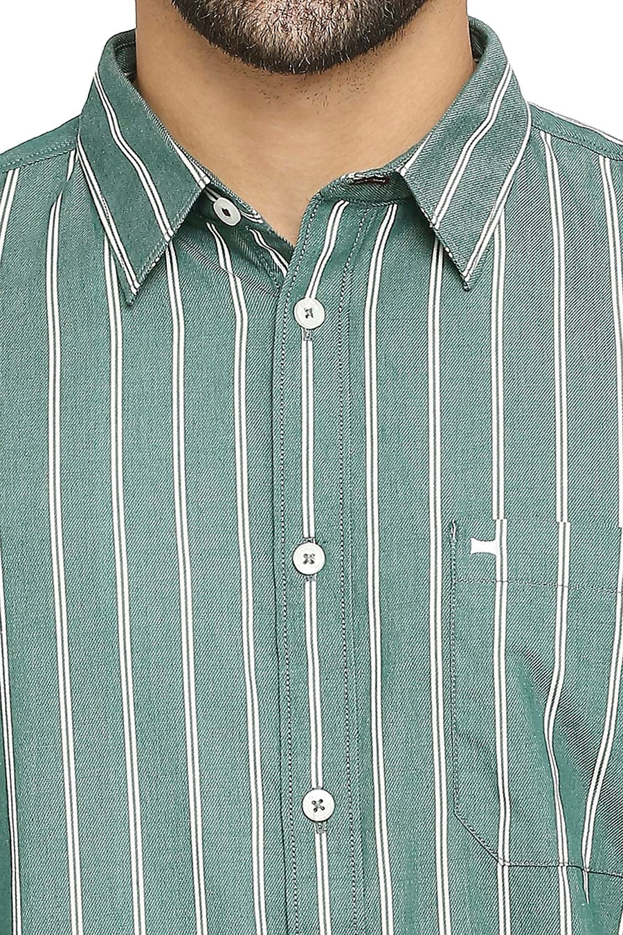 BASICS SLIM FIT SILVER PINE GREEN COTTON CAVALRY TWILL STRIPE SHIRT