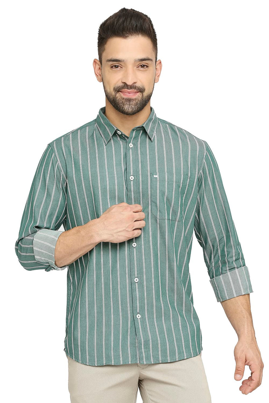 BASICS SLIM FIT SILVER PINE GREEN COTTON CAVALRY TWILL STRIPE SHIRT