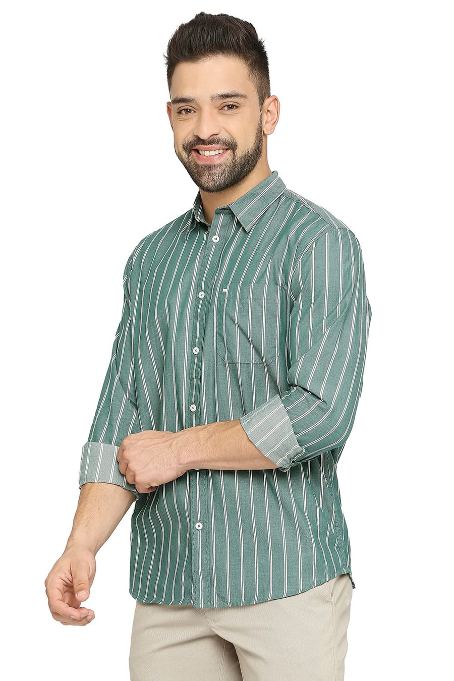 BASICS SLIM FIT SILVER PINE GREEN COTTON CAVALRY TWILL STRIPE SHIRT