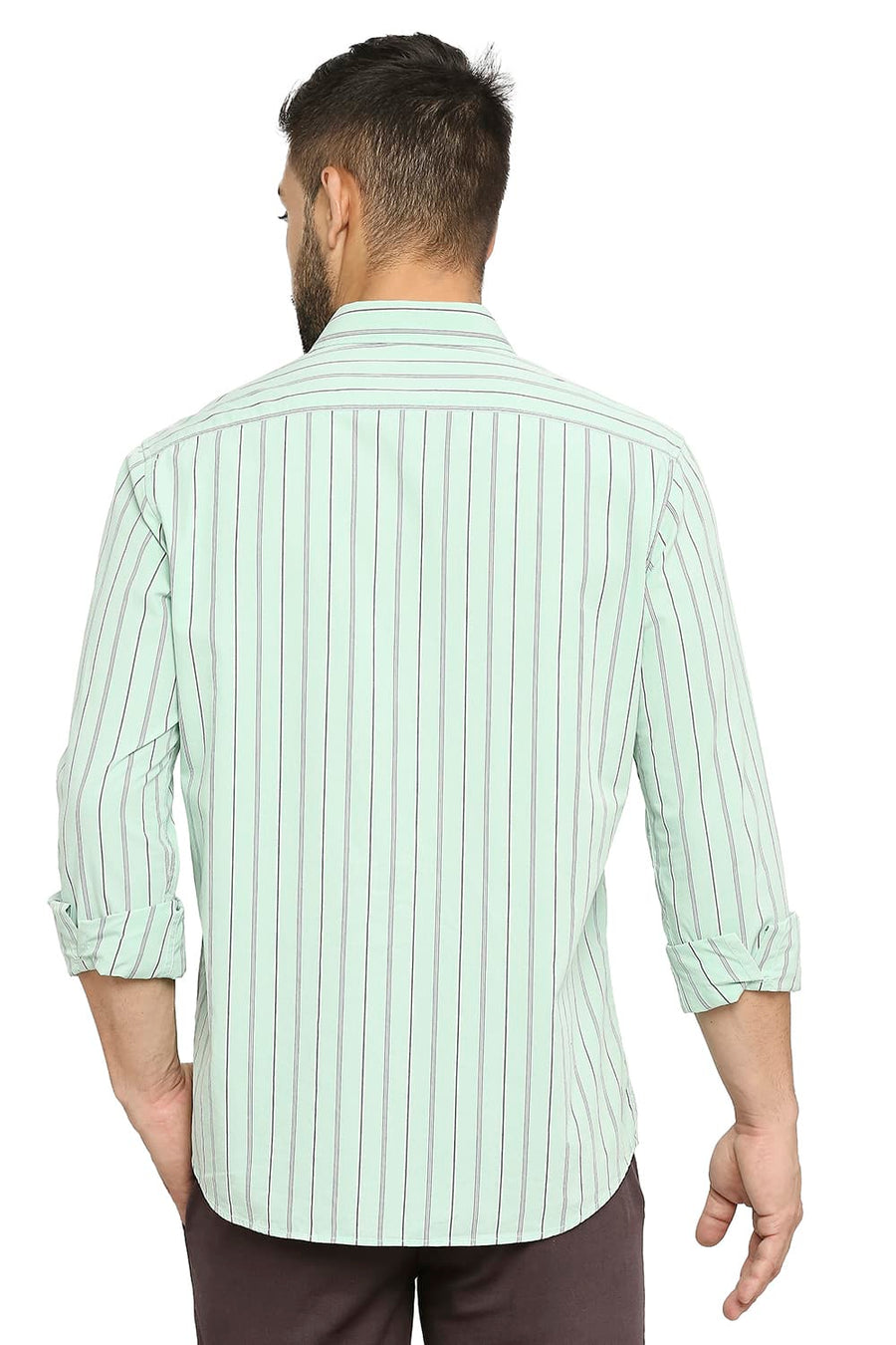 BASICS SLIM FIT SPECTRA GREEN COTTON STRIPE SHIRT