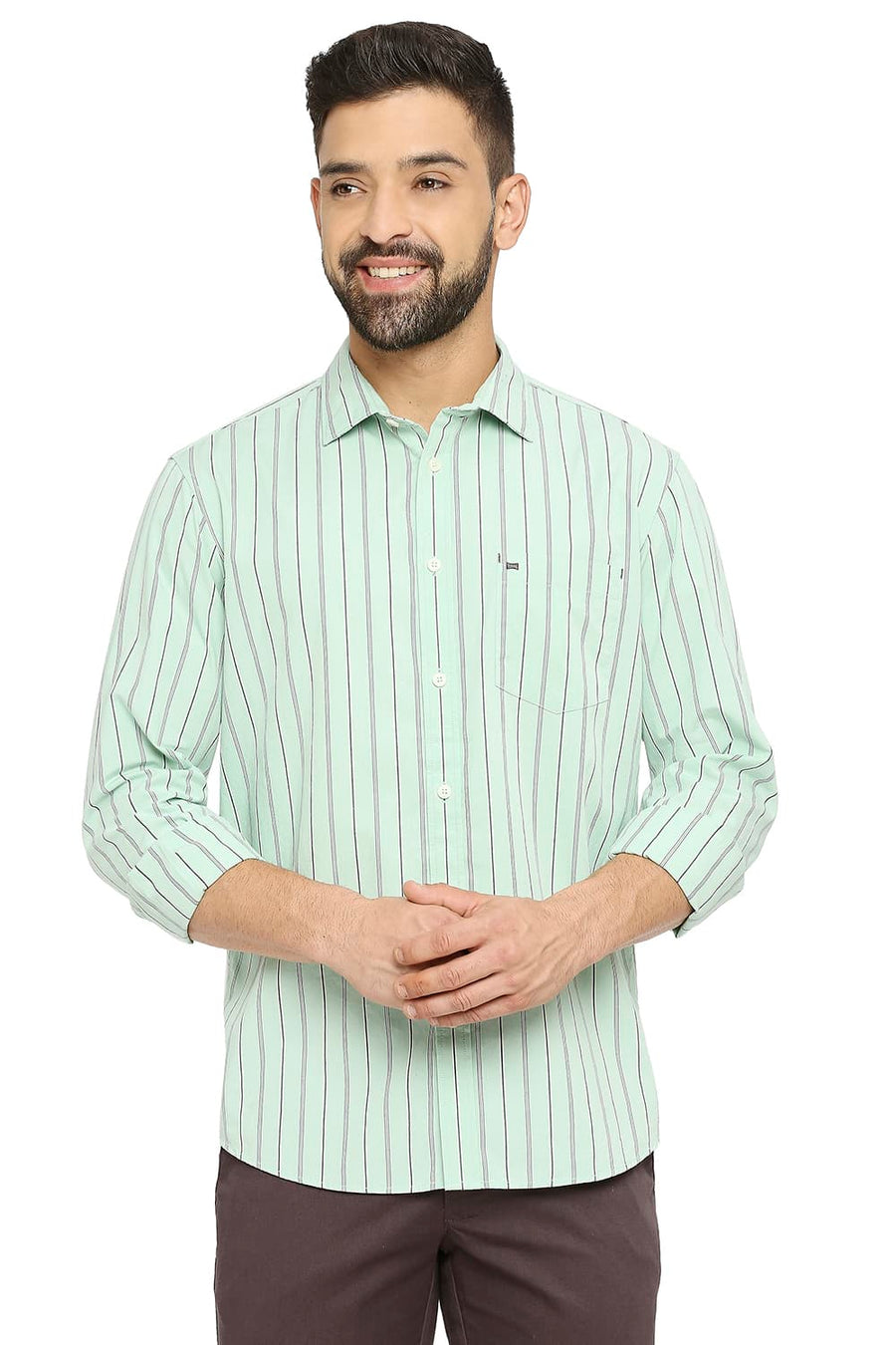 BASICS SLIM FIT SPECTRA GREEN COTTON STRIPE SHIRT