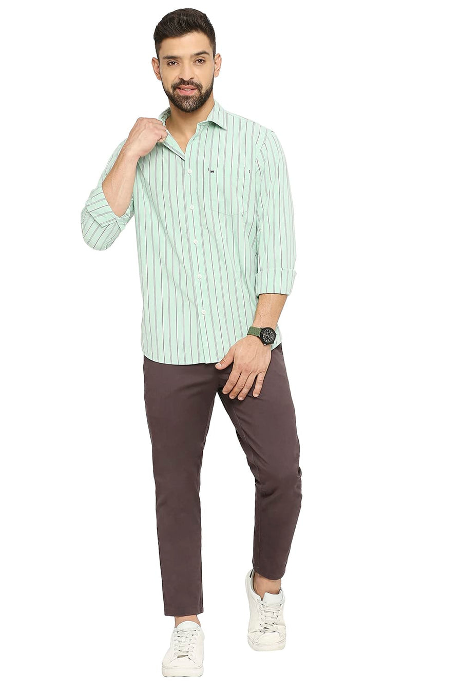 BASICS SLIM FIT SPECTRA GREEN COTTON STRIPE SHIRT