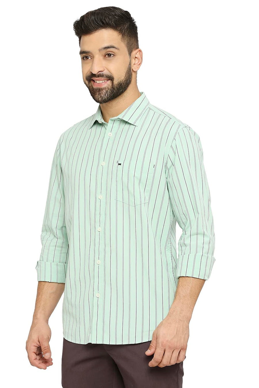BASICS SLIM FIT SPECTRA GREEN COTTON STRIPE SHIRT