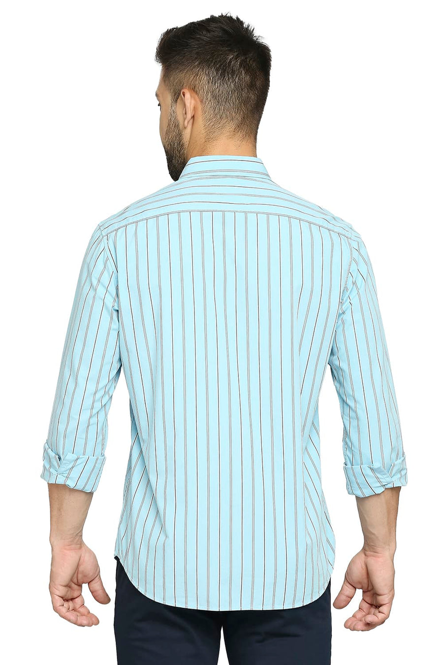 BASICS SLIM FIT AQUATIC BLUE COTTON STRIPE SHIRT