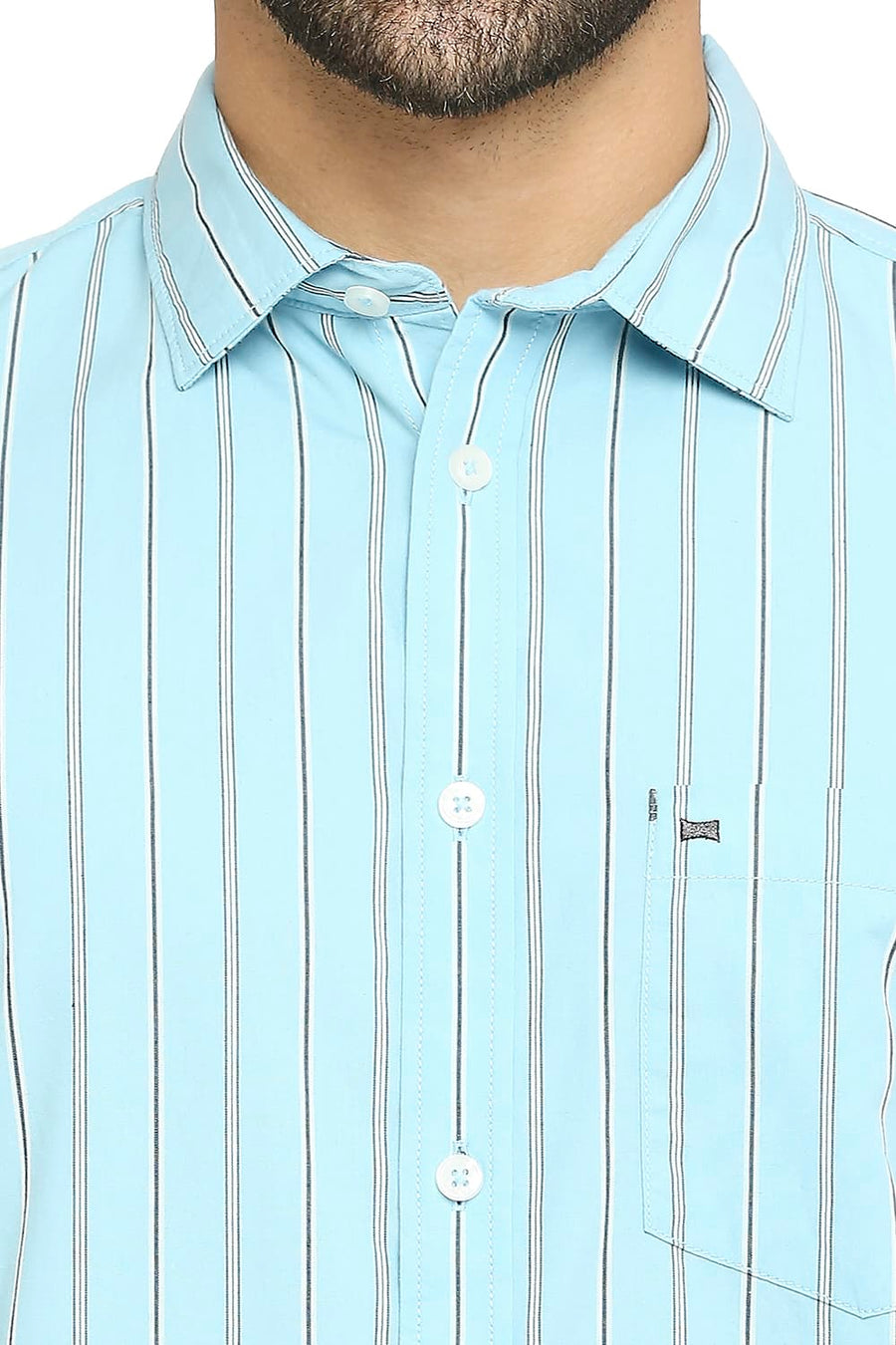 BASICS SLIM FIT AQUATIC BLUE COTTON STRIPE SHIRT