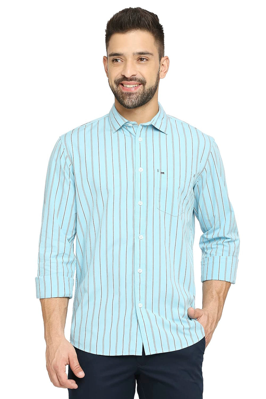 BASICS SLIM FIT AQUATIC BLUE COTTON STRIPE SHIRT