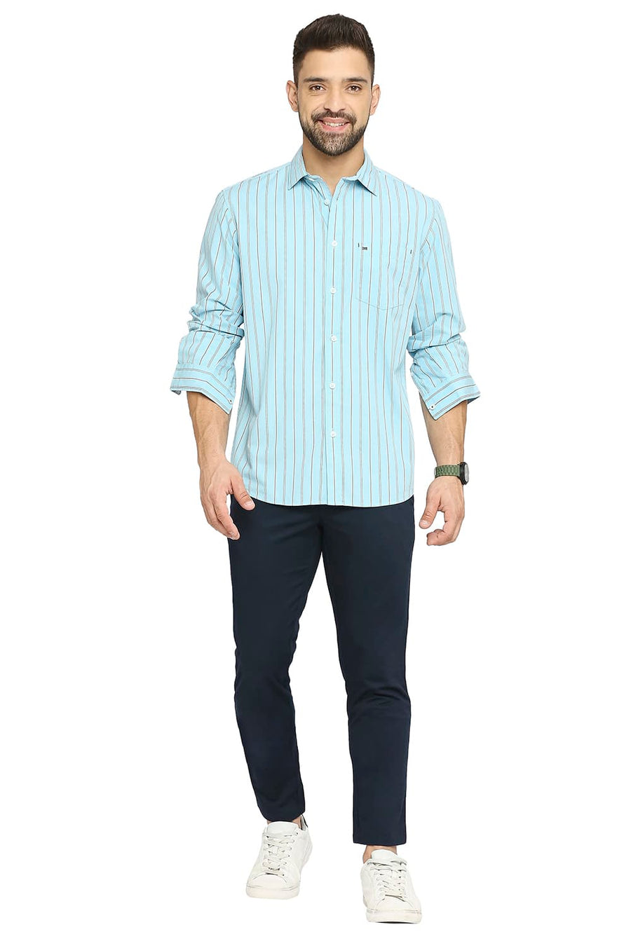BASICS SLIM FIT AQUATIC BLUE COTTON STRIPE SHIRT
