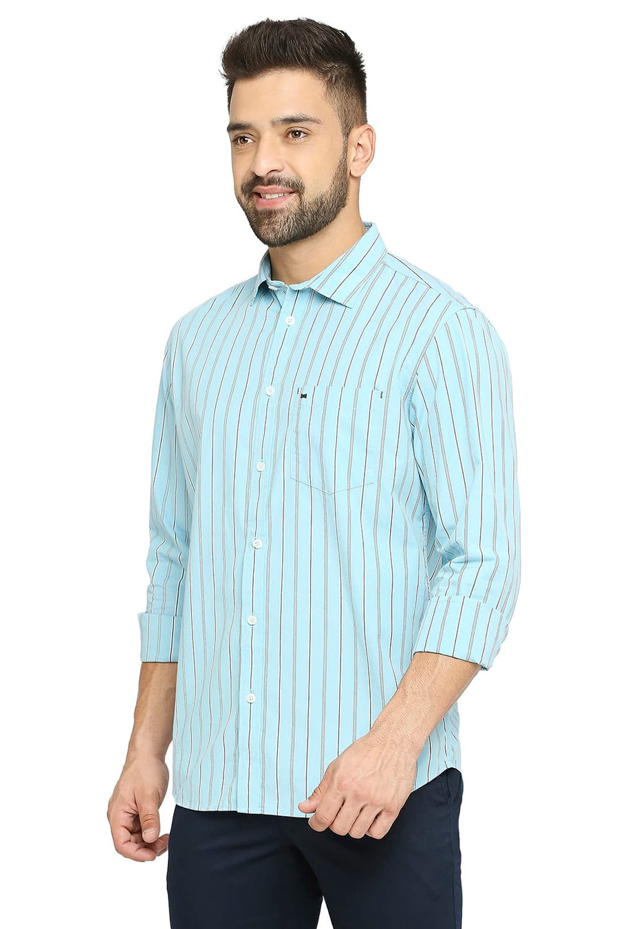 BASICS SLIM FIT AQUATIC BLUE COTTON STRIPE SHIRT