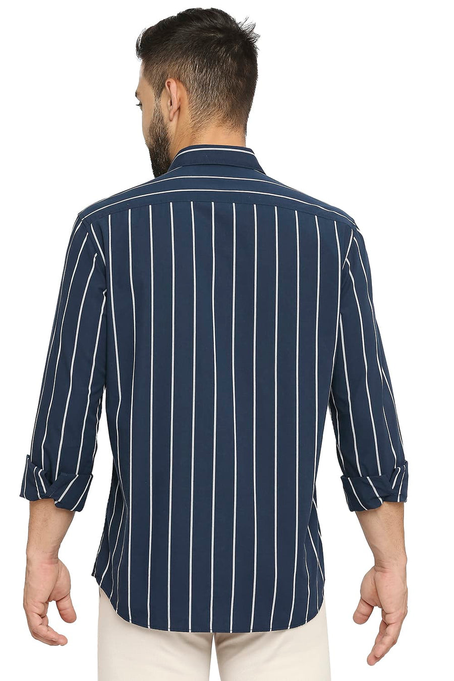BASICS SLIM FIT QUARTZ NAVY COTTON STRIPE SHIRT