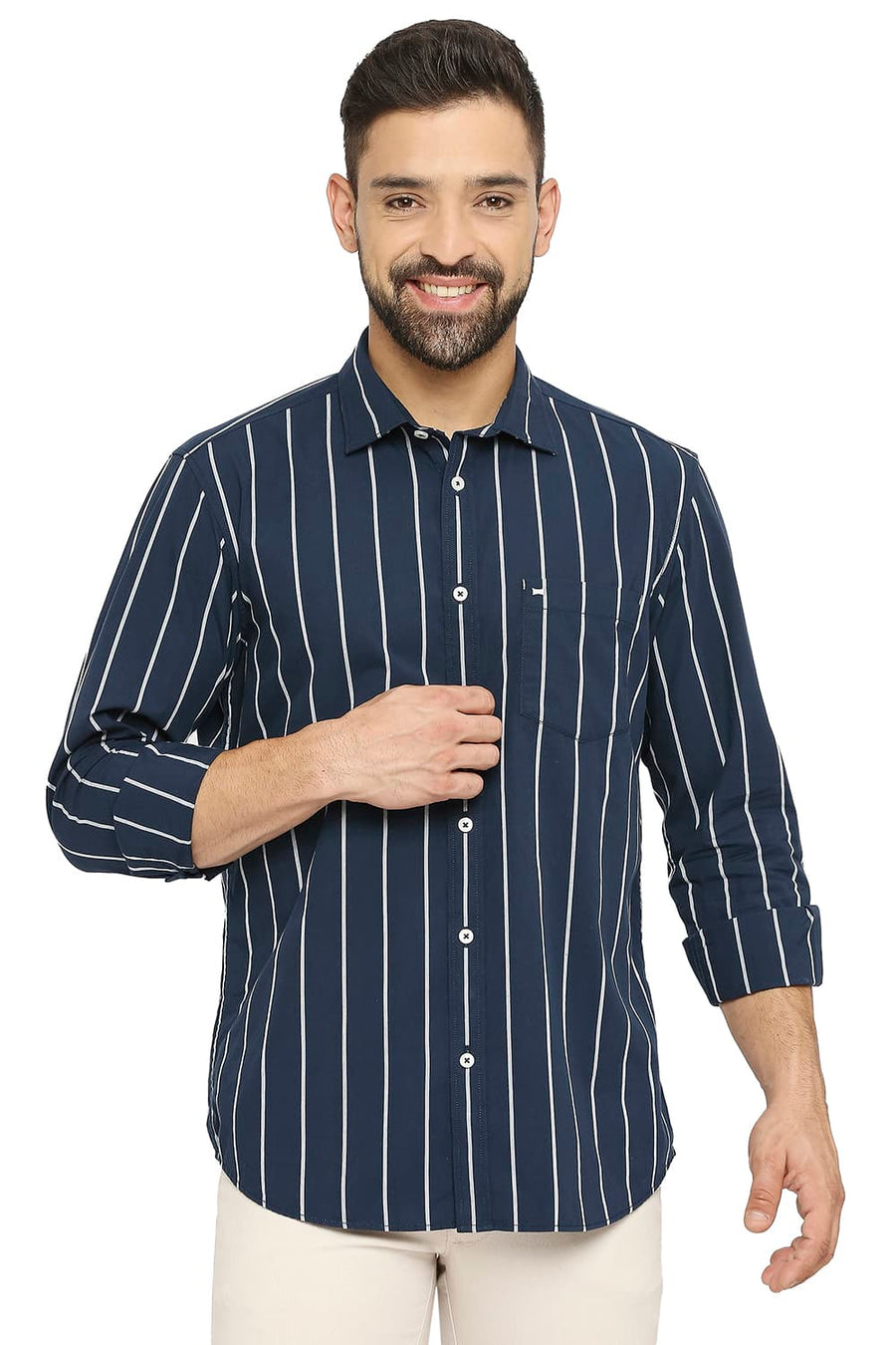 BASICS SLIM FIT QUARTZ NAVY COTTON STRIPE SHIRT