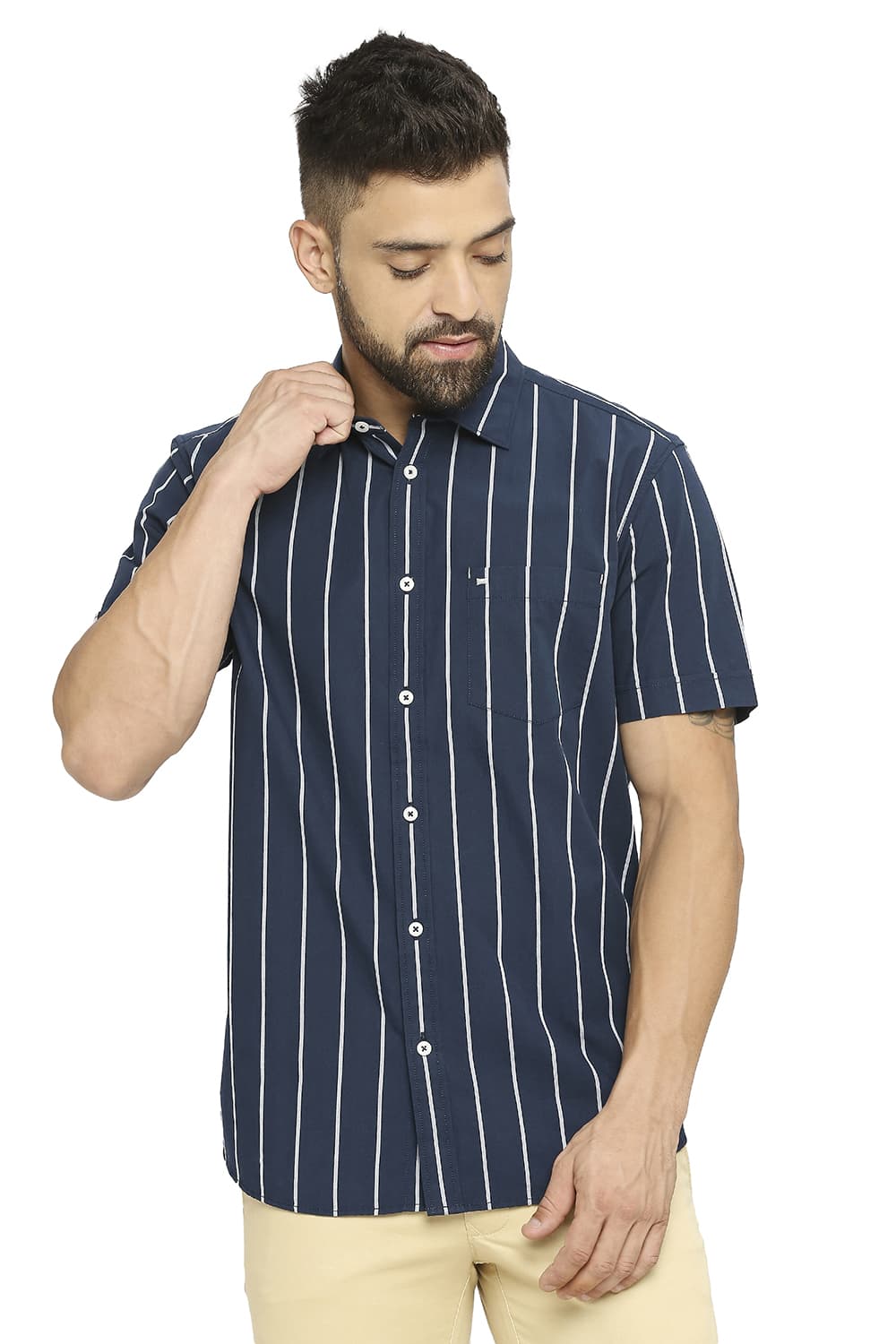 BASICS SLIM FIT COTTON STRIPE SHIRT