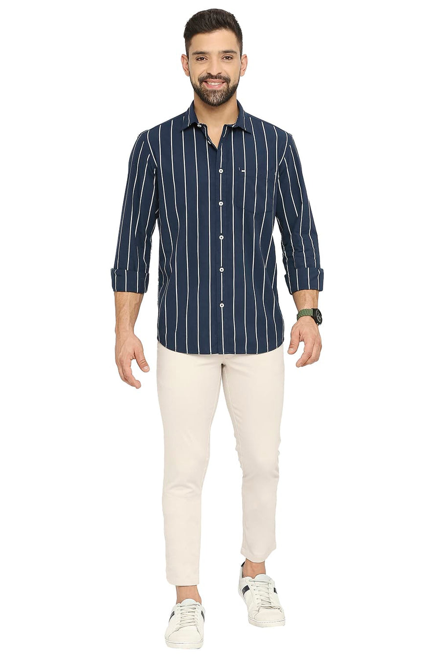 BASICS SLIM FIT QUARTZ NAVY COTTON STRIPE SHIRT