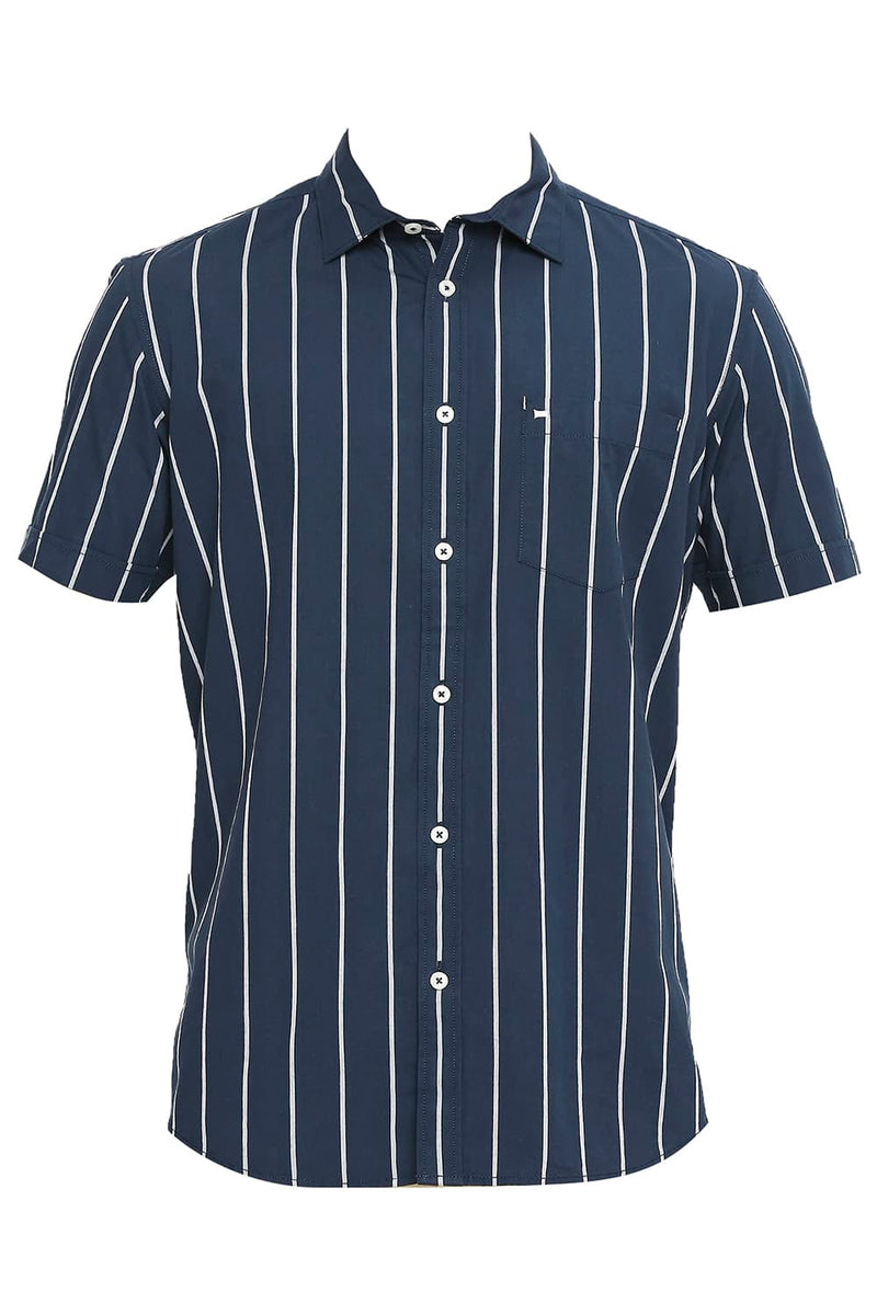 BASICS SLIM FIT COTTON STRIPE HALFSLEEVES SHIRT