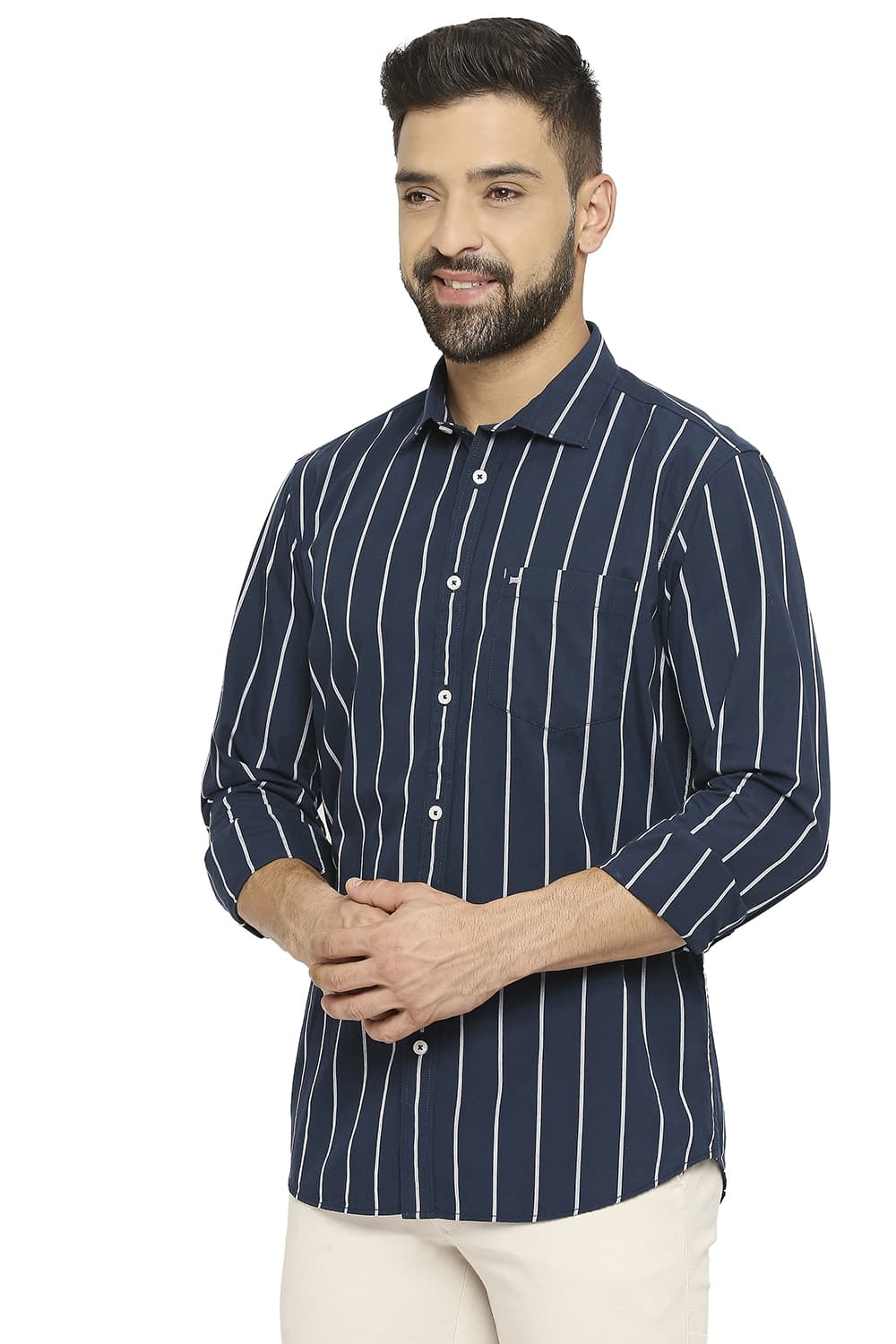 BASICS SLIM FIT COTTON STRIPE SHIRT