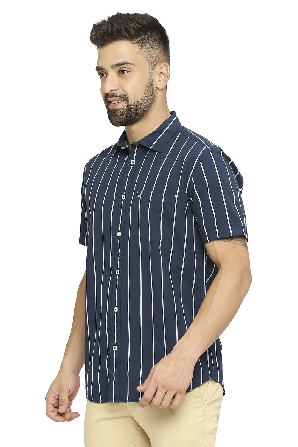 BASICS SLIM FIT COTTON STRIPE HALFSLEEVES SHIRT