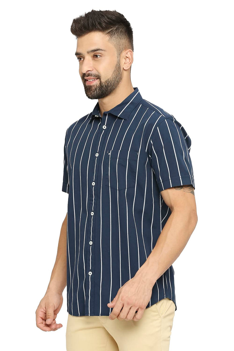 BASICS SLIM FIT COTTON STRIPE HALFSLEEVES SHIRT