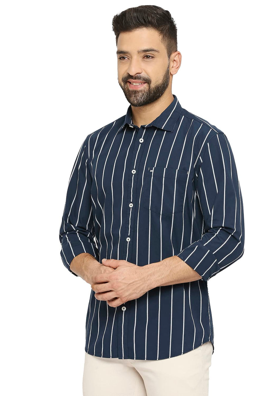 BASICS SLIM FIT QUARTZ NAVY COTTON STRIPE SHIRT