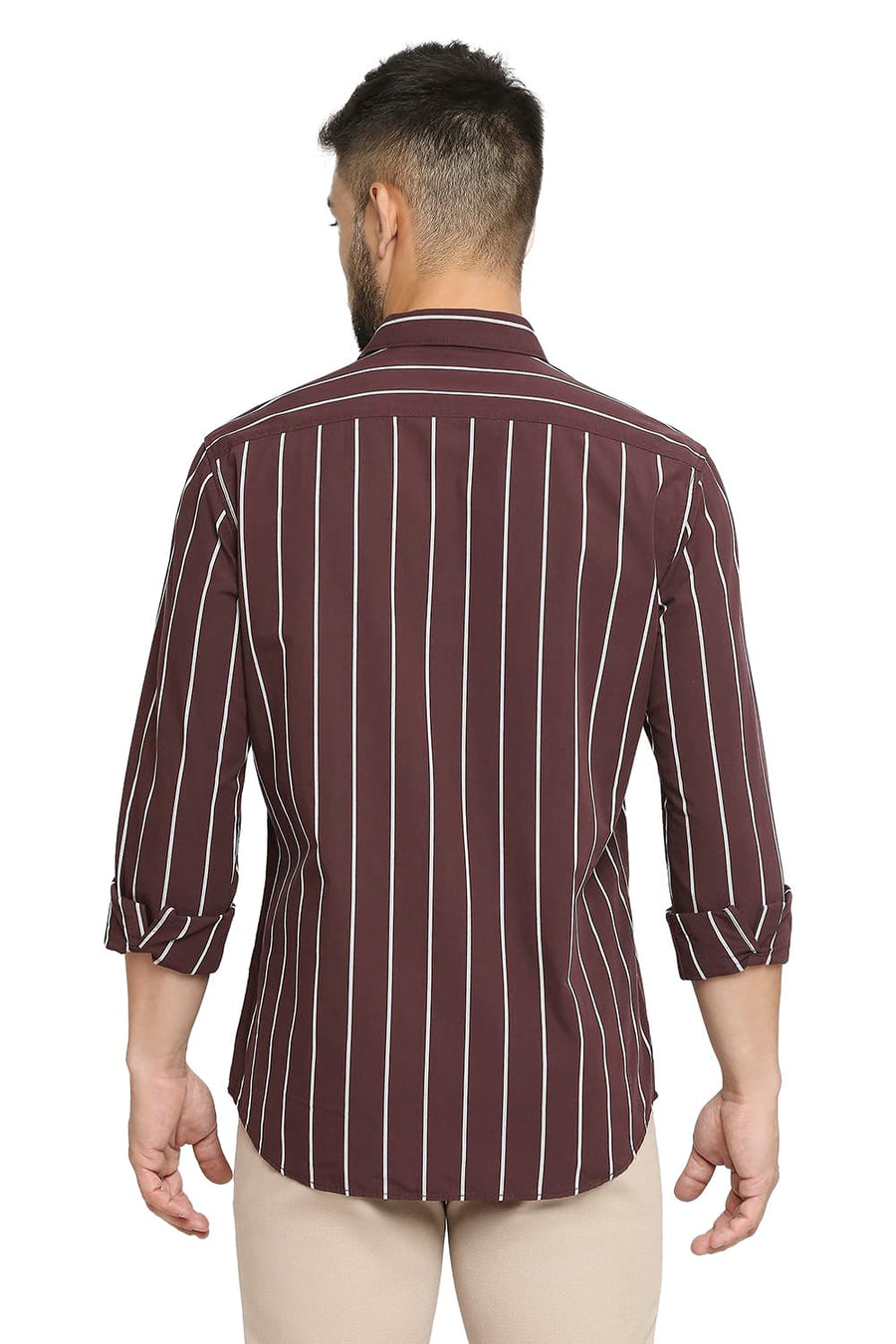 BASICS SLIM FIT BITTER WINE COTTON STRIPE SHIRT