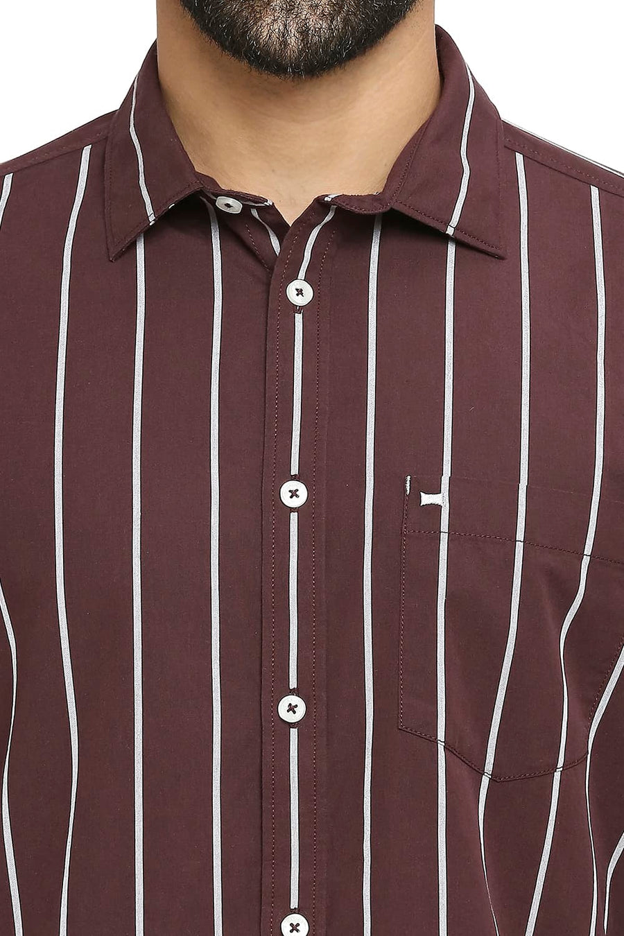 BASICS SLIM FIT BITTER WINE COTTON STRIPE SHIRT