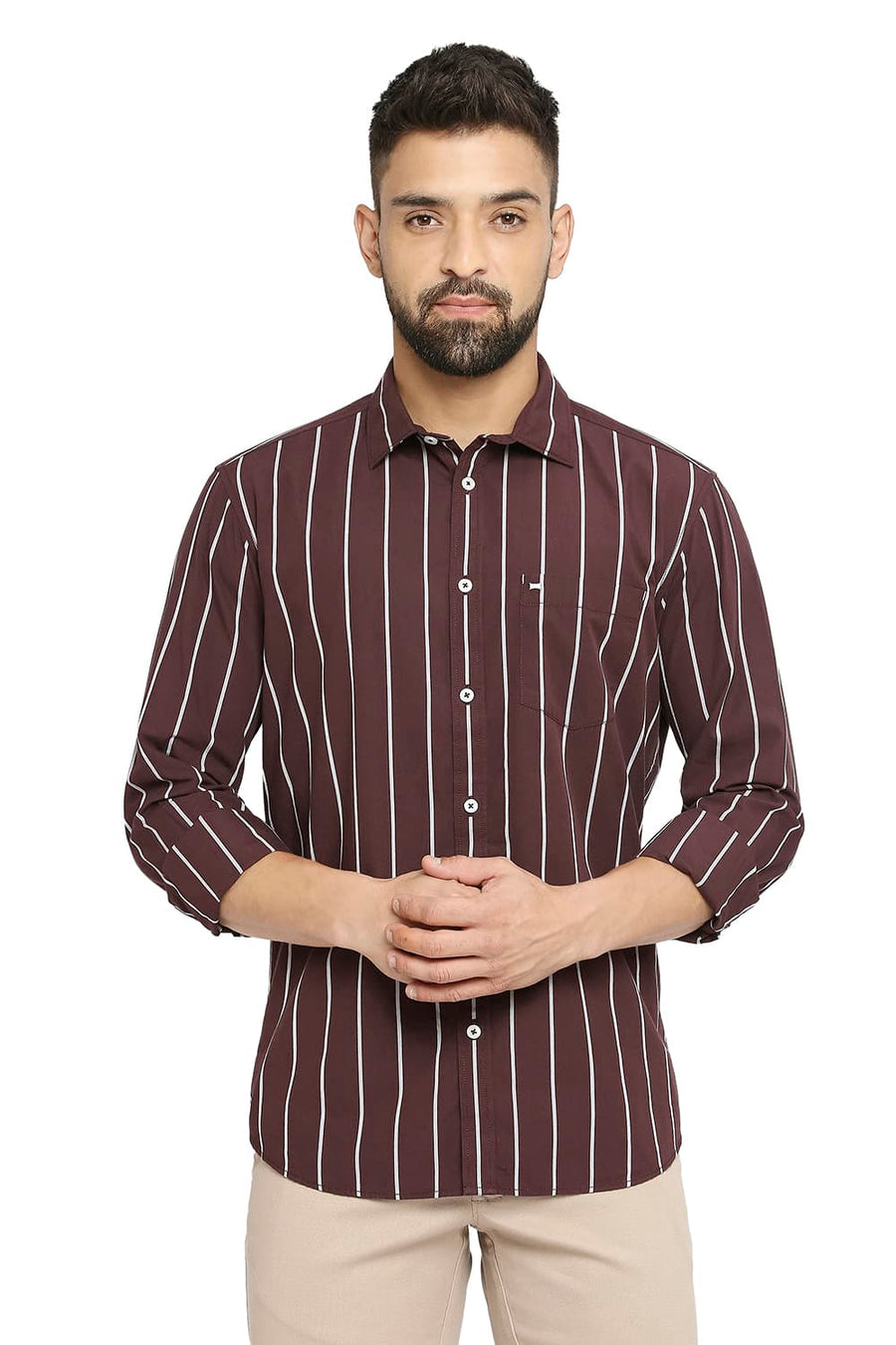 BASICS SLIM FIT BITTER WINE COTTON STRIPE SHIRT