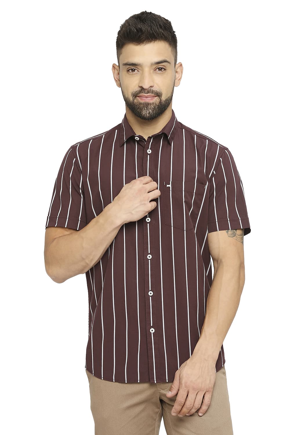 BASICS SLIM FIT COTTON STRIPE HALFSLEEVES SHIRT