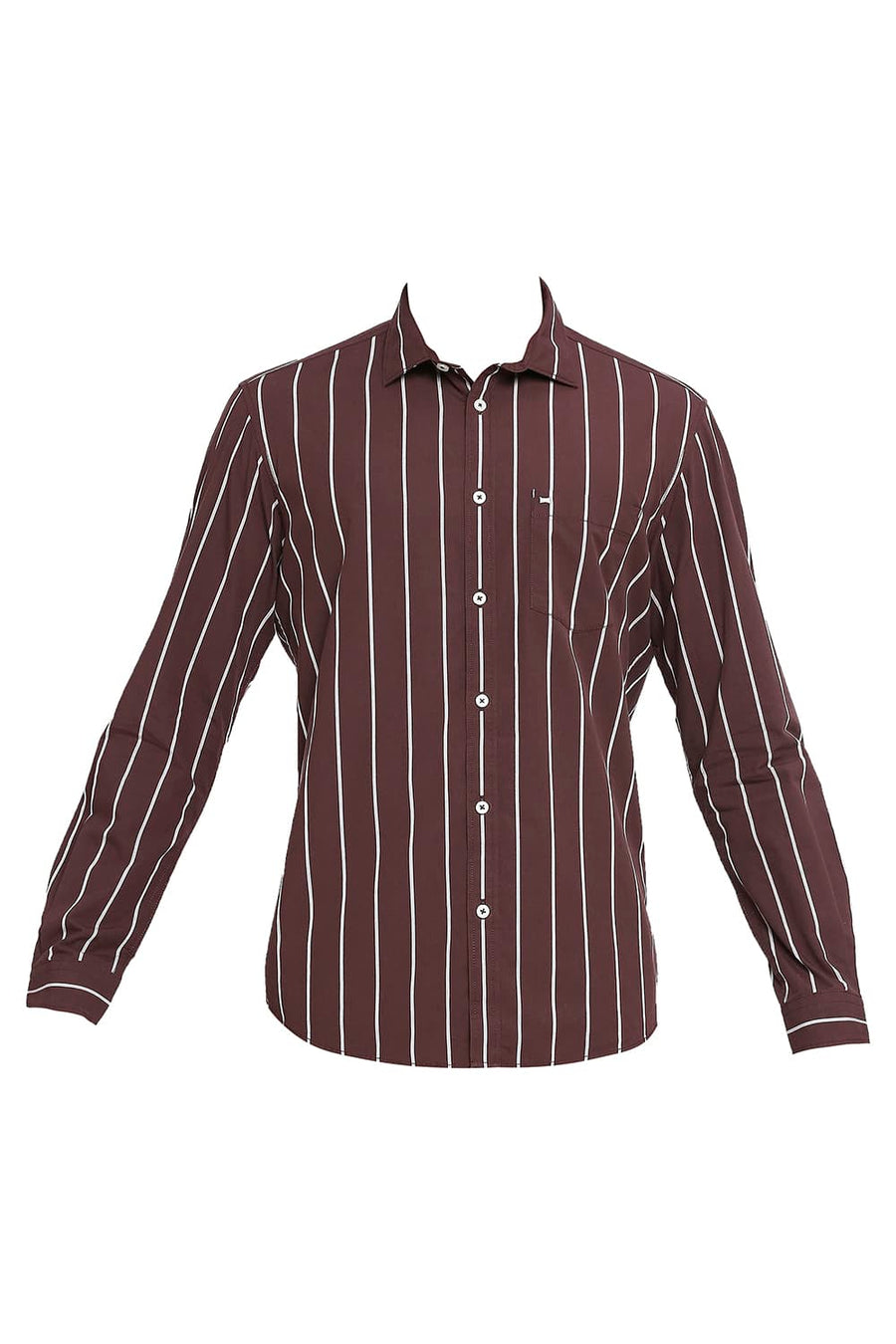 BASICS SLIM FIT BITTER WINE COTTON STRIPE SHIRT