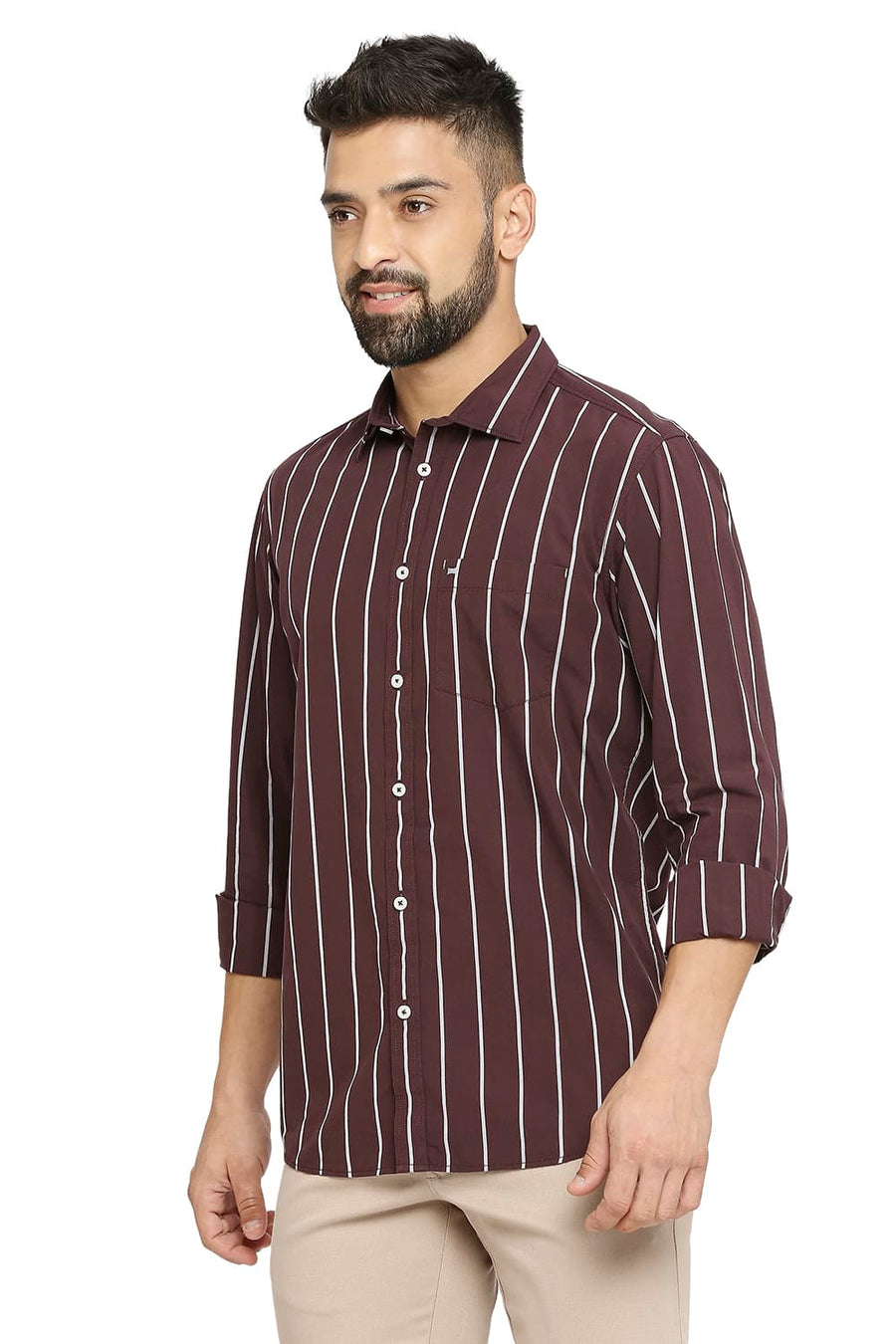 BASICS SLIM FIT BITTER WINE COTTON STRIPE SHIRT